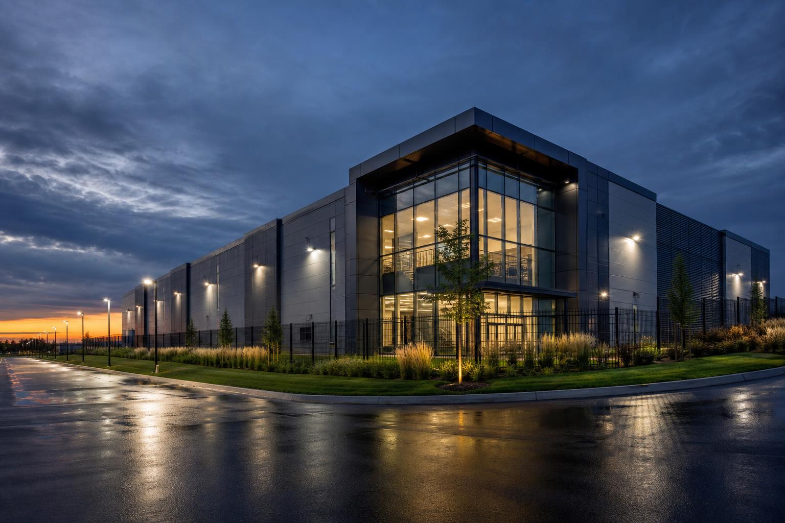Modern data center aisle with blue lighting